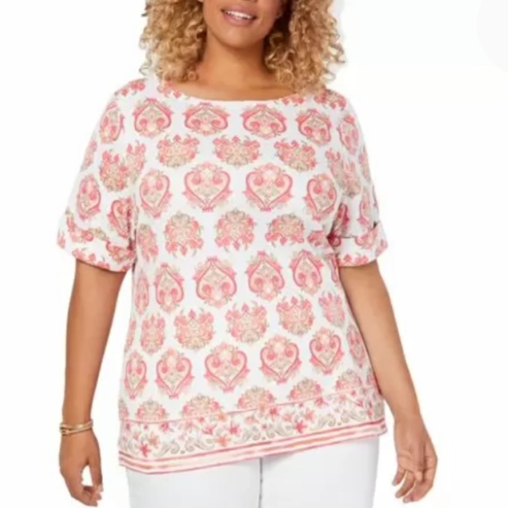 NEW Karen Scott Boat Neck Short Sleeve Top, Size 0X, White Orange